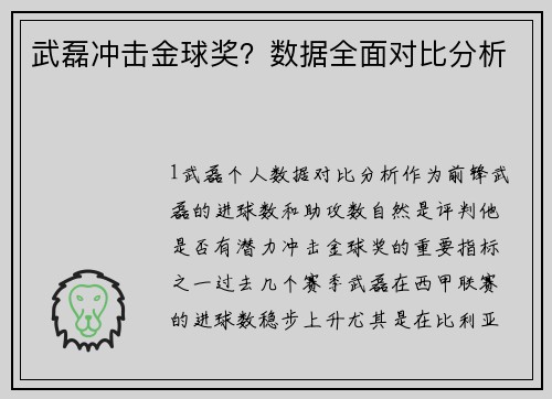武磊冲击金球奖？数据全面对比分析