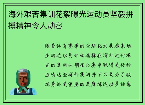 海外艰苦集训花絮曝光运动员坚毅拼搏精神令人动容