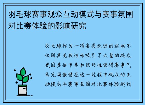 羽毛球赛事观众互动模式与赛事氛围对比赛体验的影响研究